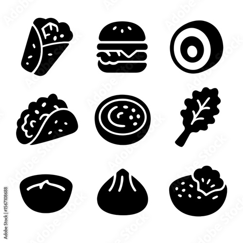 Vegan Dish Icons. Solid, filled icons set of vegan fusion dishes: tofu wrap, plant-based burger, avocado roll,