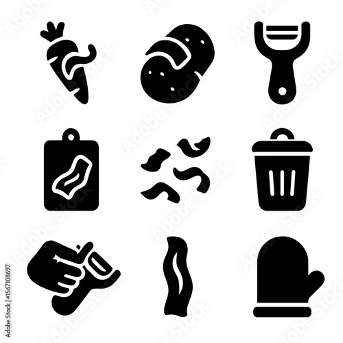 Vegetable Peeling Icons. Solid, filled icons set of peeling vegetables: carrot, potato, vegetable peeler,