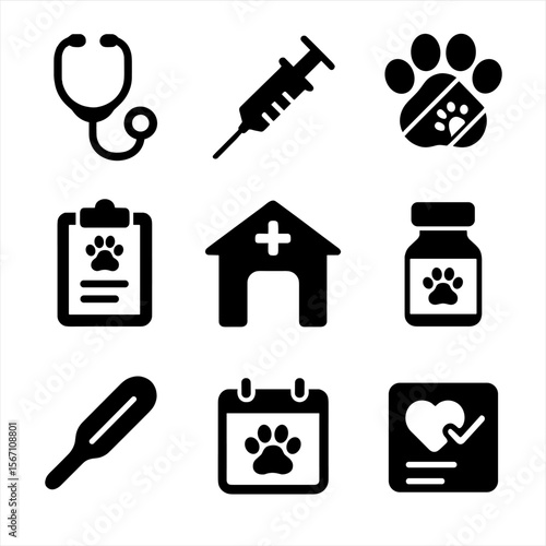 Veterinary Care Icons. Solid, filled icons set of veterinary care for adopted pets: stethoscope, injection