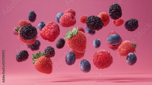 Wallpaper Mural Assortment of fresh berries suspended in midair against a pink backdrop Torontodigital.ca