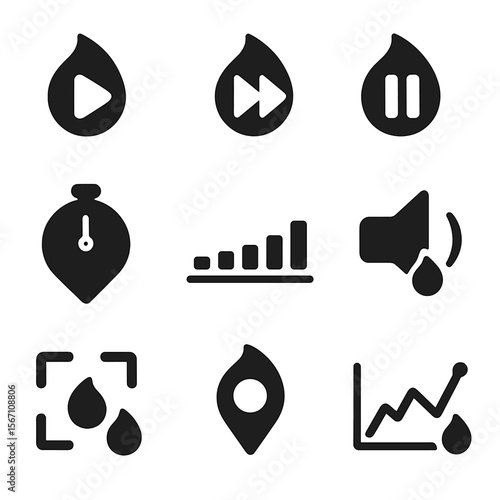Video Interaction Icons. Solid, filled icons set of video interaction heatmaps: play button, skip section,