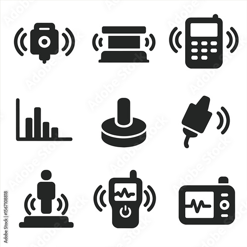 Vibration Testing Tools. Solid, filled icons set of vibration and motion testing tools: accelerometer, shaker