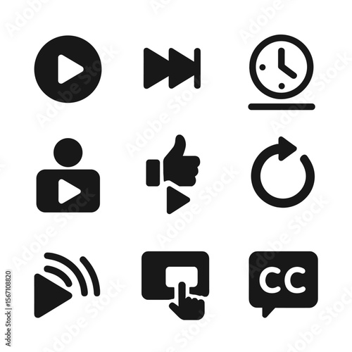 Video KPI Icons. Solid, filled icons set of video content KPIs: play icon, skip rate, average view duration,