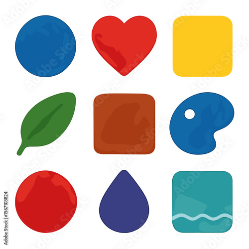 Vibrant Watercolor Icons. Solid, filled icons set of vibrant watercolor color palette: cobalt blue, cadmium