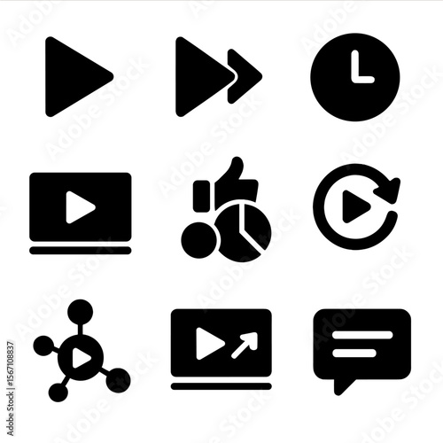 Video KPI Icons. Solid, filled icons set of video content KPIs: play icon, skip rate, average view duration,