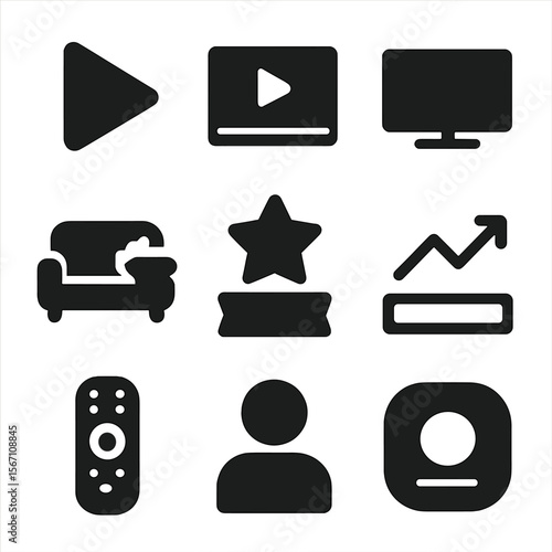 Video Streaming Icons. Solid, filled icons set of video streaming suggestions: play button, video preview,