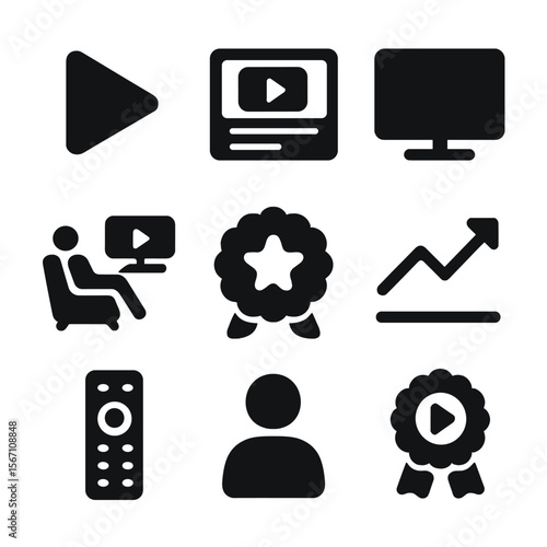 Video Streaming Icons. Solid, filled icons set of video streaming suggestions: play button, video preview,