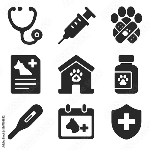 Veterinary Care Icons. Solid, filled icons set of veterinary care for adopted pets: stethoscope, injection