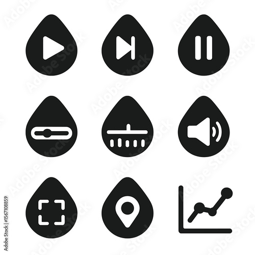 Video Interaction Icons. Solid, filled icons set of video interaction heatmaps: play button, skip section,