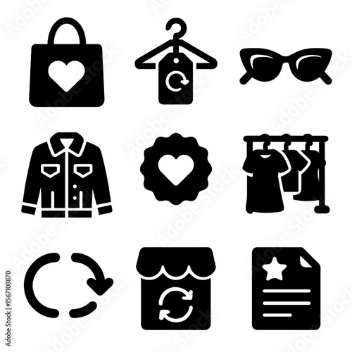Vintage Fashion Icons. Solid, filled icons set of secondhand and vintage fashion: thrift bag, hanger tag,