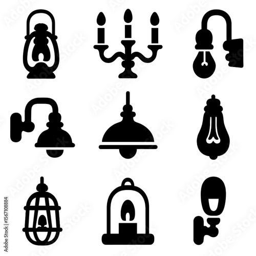 Vintage Lighting Icons. Solid, filled icons set of vintage lighting styles: oil lantern, candelabra chandelier