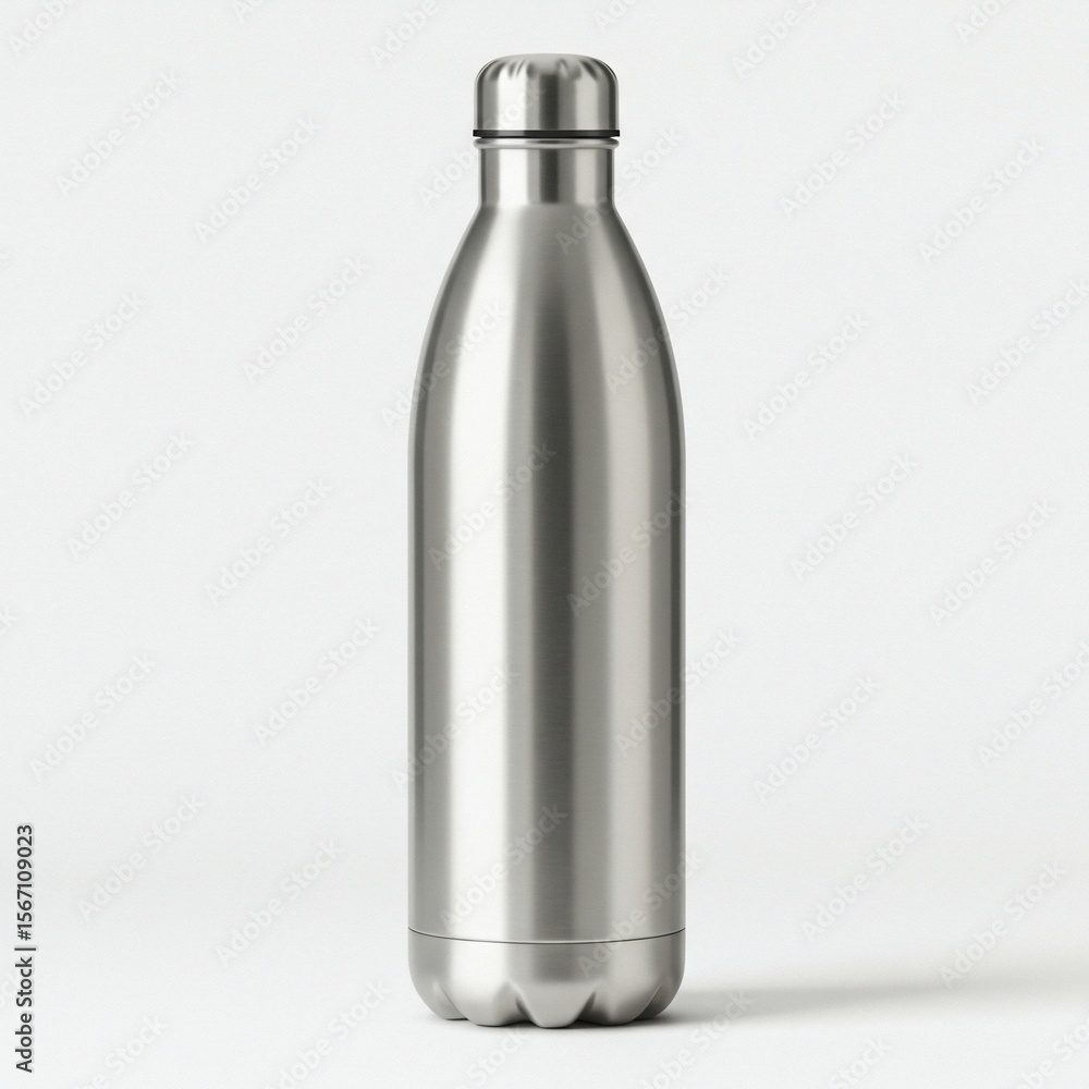 Brushed metal water bottle on white background for drink storage and hydration Brushed metal water bottle on white background for drink storage and hydration