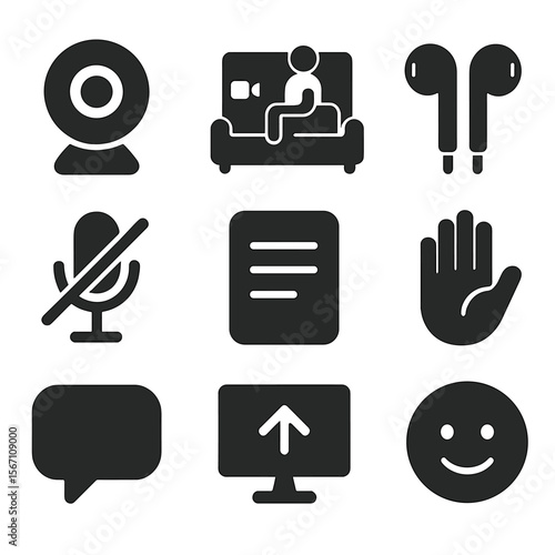 Virtual Meeting Icons. Solid, filled icons set of online meetings from the couch: webcam icon, video call