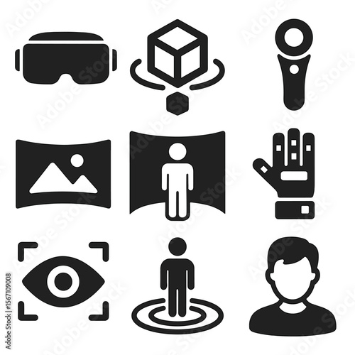 Virtual Reality Icons. Solid, filled icons set of virtual reality and immersive viewing: VR goggles, 3D model,