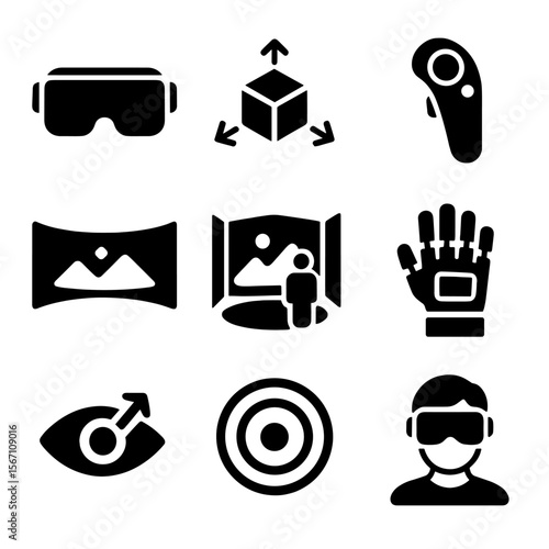 Virtual Reality Icons. Solid, filled icons set of virtual reality and immersive viewing: VR goggles, 3D model,