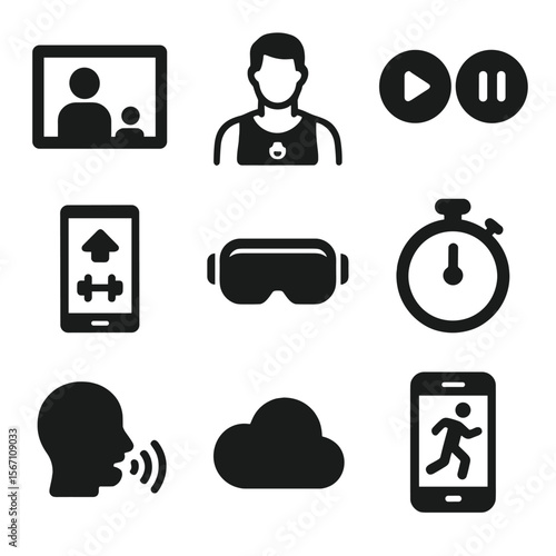 Virtual Training Icons. Solid, filled icons set of virtual training and sessions: video call screen, online