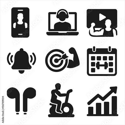 Virtual Training Icons. Solid, filled icons set of virtual and app-based training: mobile app, digital coach,