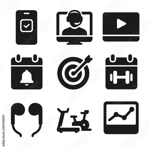 Virtual Training Icons. Solid, filled icons set of virtual and app-based training: mobile app, digital coach,