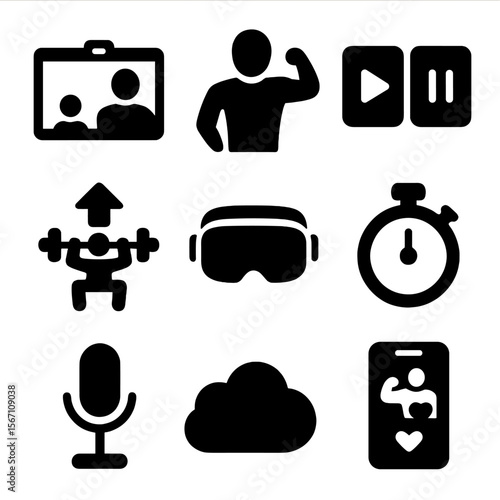 Virtual Training Icons. Solid, filled icons set of virtual training and sessions: video call screen, online