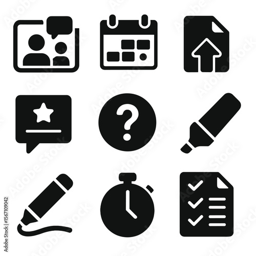 Virtual Tutoring Icons. Solid, filled icons set of virtual tutoring session: one-on-one video call, calendar