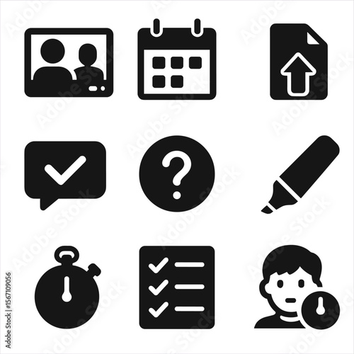 Virtual Tutoring Icons. Solid, filled icons set of virtual tutoring session: one-on-one video call, calendar