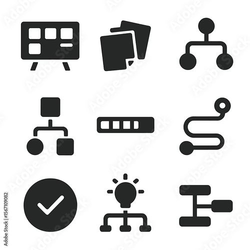 Visual Tracking Icons. Solid, filled icons set of visual project tracking tools: whiteboard layout, sticky