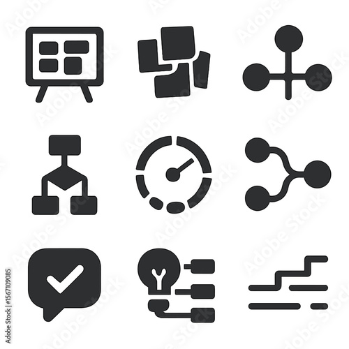 Visual Tracking Icons. Solid, filled icons set of visual project tracking tools: whiteboard layout, sticky