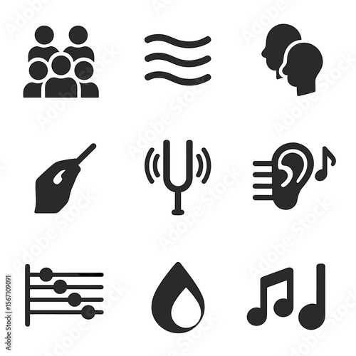 Vocal Ensemble Icons. Solid, filled icons set of vocal ensemble and harmony: quartet group, harmony lines,