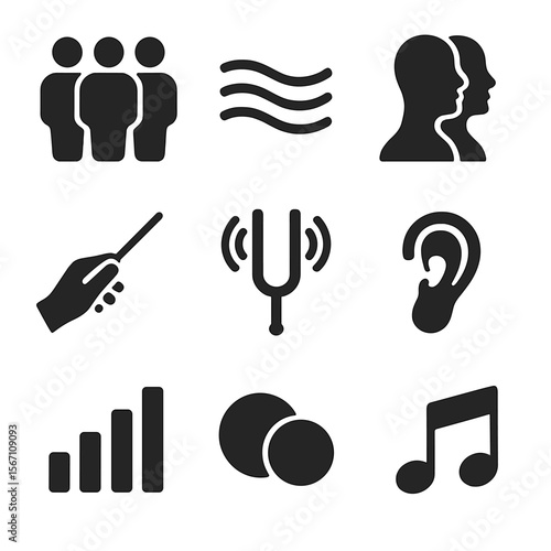 Vocal Ensemble Icons. Solid, filled icons set of vocal ensemble and harmony: quartet group, harmony lines,