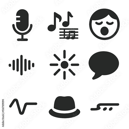 Vocal Jazz Icon Set. Solid, filled icons set of vocal improvisation and scat singing: microphone, jazz notes,