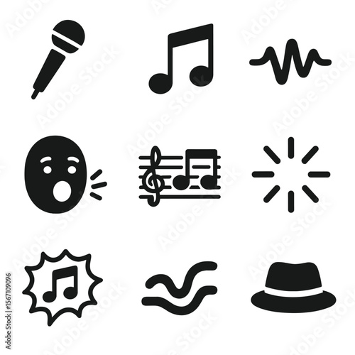 Vocal Jazz Icon Set. Solid, filled icons set of vocal improvisation and scat singing: microphone, jazz notes,
