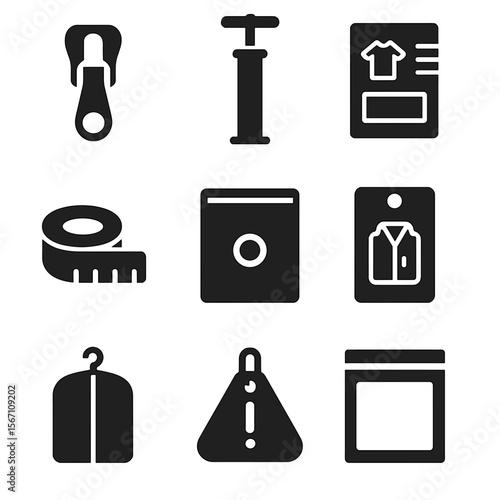 Wardrobe Packing Icons. Solid, filled icons set of packing tools for wardrobe storage: zip slider, hand pump,