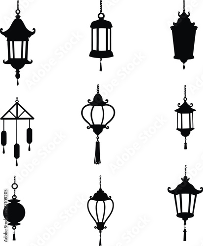 Eight asian style hanging lantern silhouettes