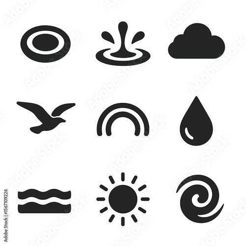 Water and Sky Icons. Solid, filled icons set of water and sky themes: ripple circle, drop splash, cumulus