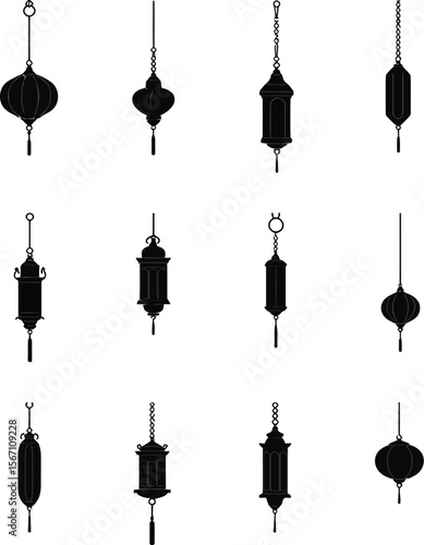 Collection of hanging lantern silhouettes asian style