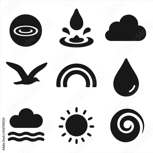 Water and Sky Icons. Solid, filled icons set of water and sky themes: ripple circle, drop splash, cumulus