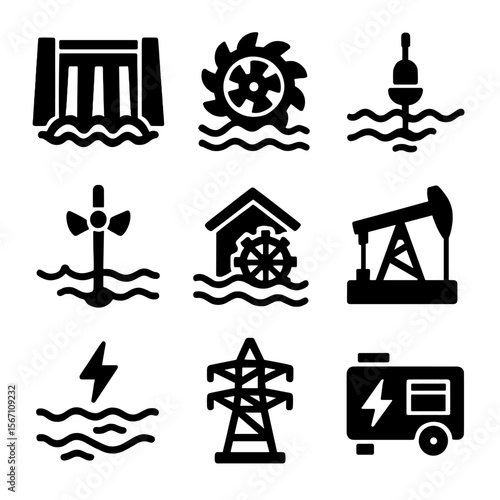 Water Energy Icons. Solid, filled icons set of water energy and movement: hydroelectric dam, water turbine,