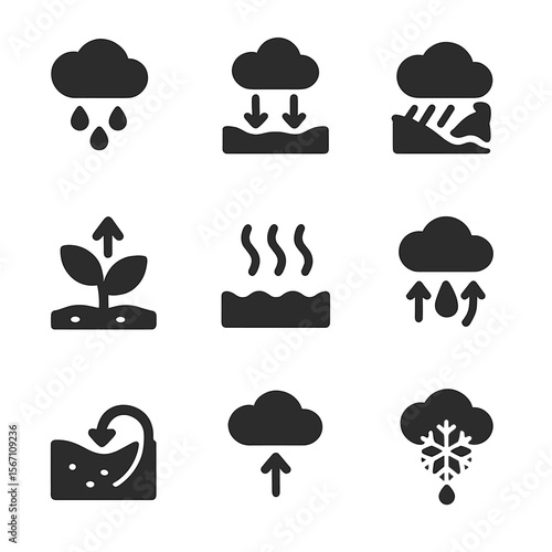 Water Cycle Icons. Solid, filled icons set of water cycle stages: precipitation, infiltration, runoff,