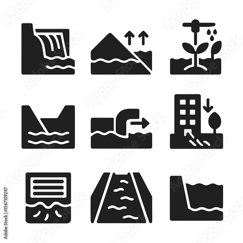 Water Impact Icons. Solid, filled icons set of human impact on water movement: dam, levee, irrigation system,