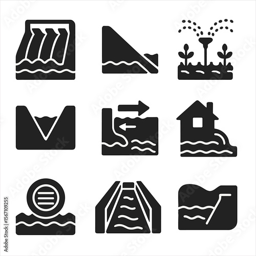 Water Impact Icons. Solid, filled icons set of human impact on water movement: dam, levee, irrigation system,