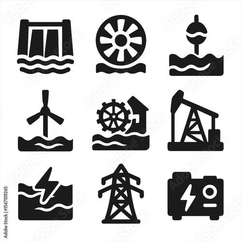 Water Energy Icons. Solid, filled icons set of water energy and movement: hydroelectric dam, water turbine,