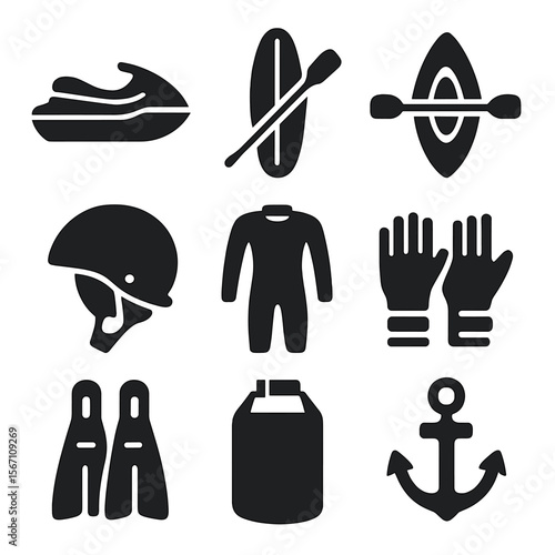 Water Sports Icons. Solid, filled icons set of water sports equipment: jet ski, paddleboard, kayak, helmet,