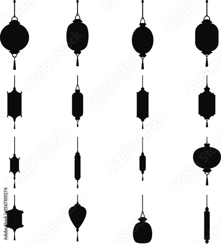 Collection of hanging lantern silhouettes asian style design elements