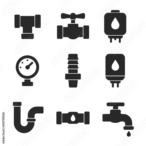 Water System Components. Solid, filled icons set of water system components: pipe fitting, valve handle, water