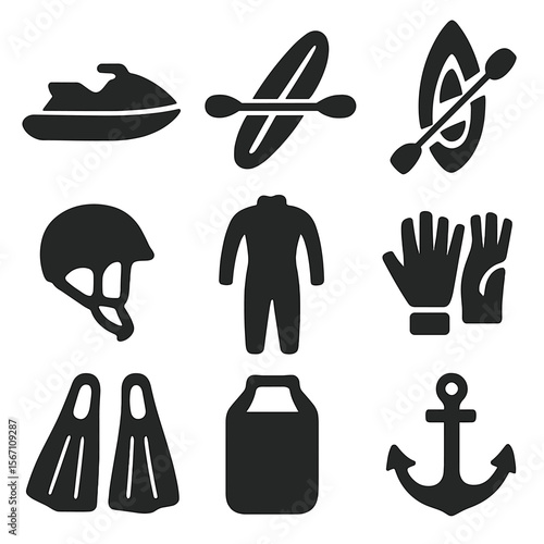 Water Sports Icons. Solid, filled icons set of water sports equipment: jet ski, paddleboard, kayak, helmet,