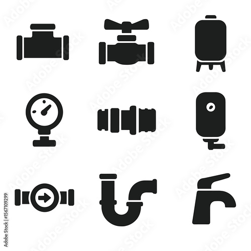 Water System Components. Solid, filled icons set of water system components: pipe fitting, valve handle, water