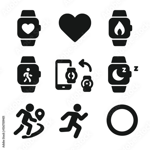 Wearable Fitness Icons. Solid, filled icons set of wearable fitness tech: fitness watch, heart icon, calorie
