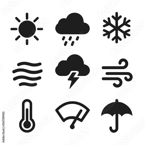 Weather Driving Icons. Solid, filled icons set of weather conditions for driving: sun icon, rain cloud,