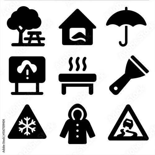 Weather Safety Icons. Solid, filled icons set of weather-safe rest stops: shaded rest area, storm shelter icon