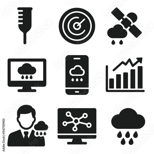 Weather Prediction Icons. Solid, filled icons set of measuring and predicting rain: rain gauge, weather radar,